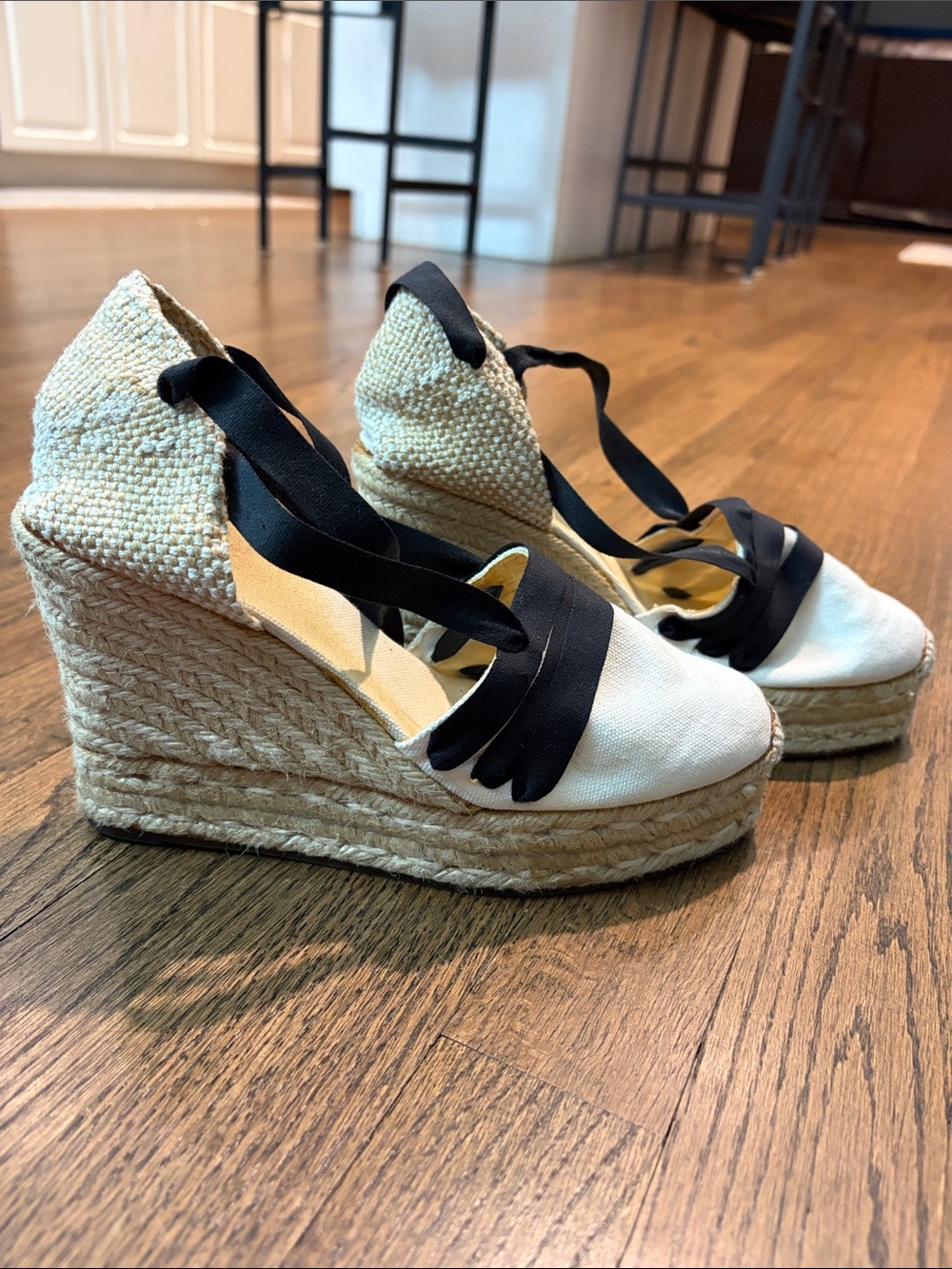 Castaner size 7 Cream Canvas Espadrille Wedges with Black Ribbon Ties